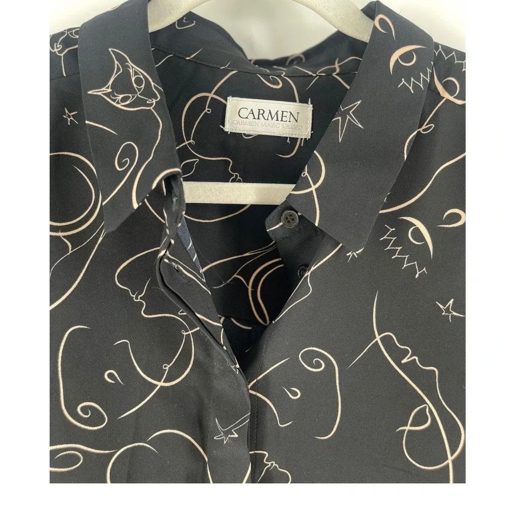 Carmen Marc Valo Black & Gold Art Deco Long Sleeve Button Down Blouse Size Large - Picture 5 of 7